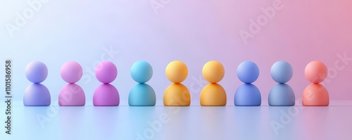 A colorful array of stylized human figures lined up, showcasing a gradient of pastel shades against a soft background.