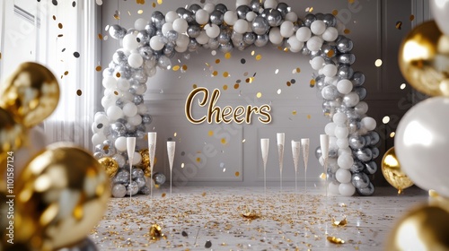 A New Yeara s Eve party setup in a home, with a balloon arch in silver and gold, confetti scattered on the floor, and a festive 