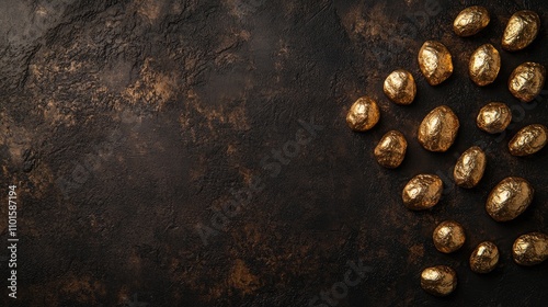 Elegant arrangement of shiny golden nuggets on a dark, textured background symbolizing wealth and opulence photo