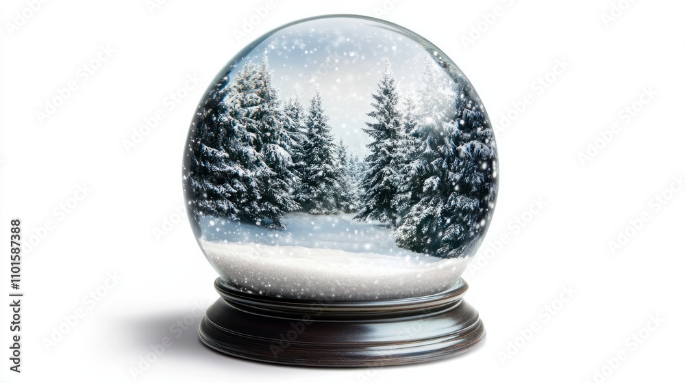 Elegant snow globe with a peaceful winter landscape, featuring snow-covered trees, isolated on white