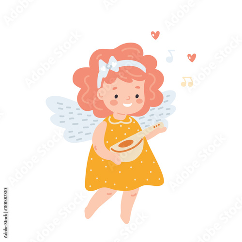 Cute little girl with angel wings playing musical instrument, flat style vector illustration