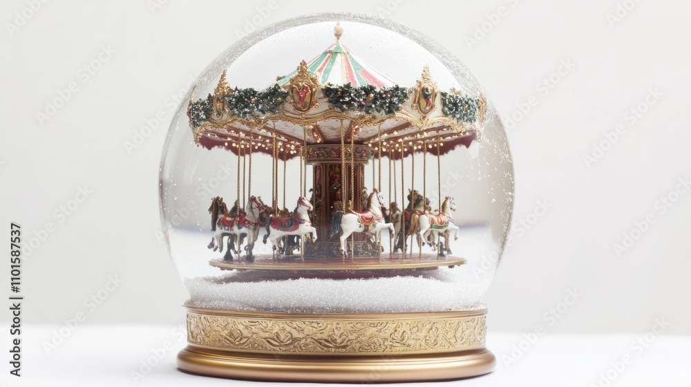 Fototapeta premium Elegant snow globe with a vintage-style Christmas carousel inside, on a clean white background