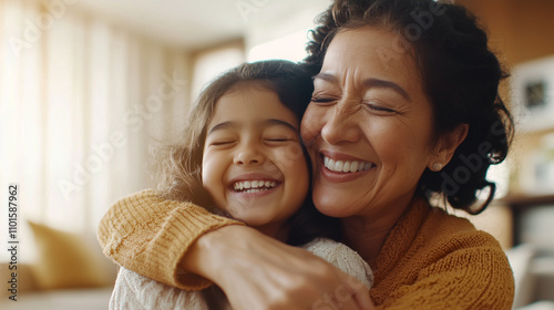 Warm Embrace Between Mother and Daughter in Cozy Home Setting photo