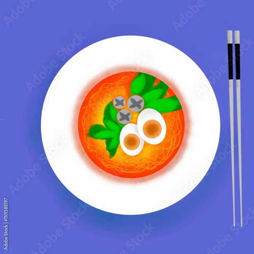 Minimalist style Japanese food digital illustration featuring noodles in a white bowl, boiled egg, green leaves, and simple decorations. Suitable for use in culinary design, restaurant projects