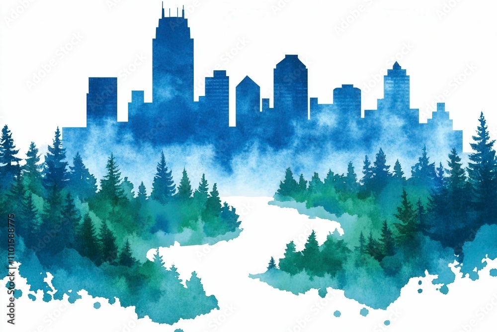Obraz premium Watercolor Cityscape with Nature Elements