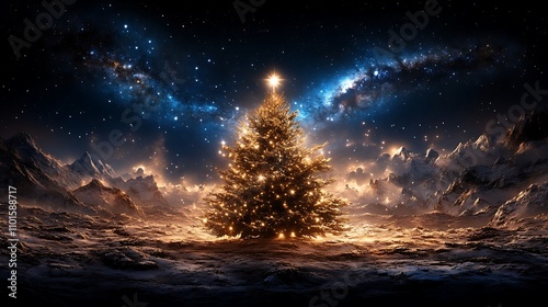 Cosmic Christmas Tree: A Digital Painting of a Festive Evergreen Against a Starry Mountainscape AI Generated