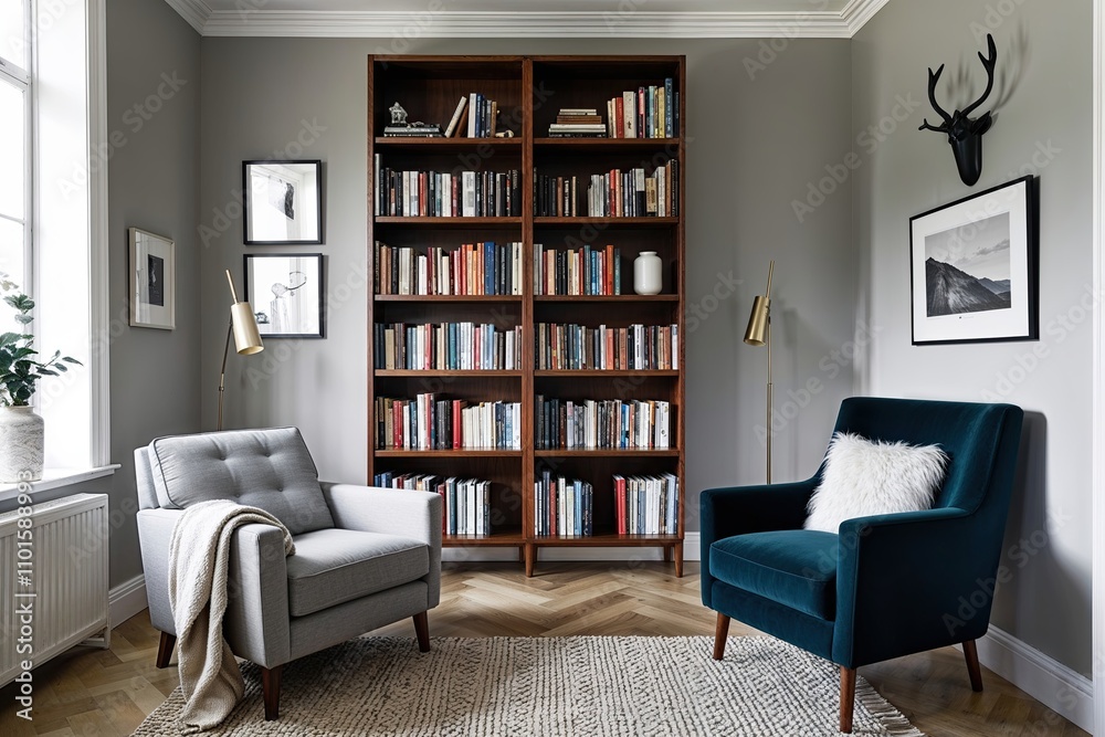 Scandinavian Style Bookcase and Armchair in Modern Home Library Design Scandinavian Style Bookcase and Armchair in Modern Home Library Design