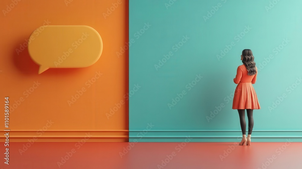 A woman stands against a two-tone wall, orange and teal, next to a speech bubble, representing communication and creativity. A woman stands against a two-tone wall, orange and teal, next to a speech bubble, representing communication and creativity.