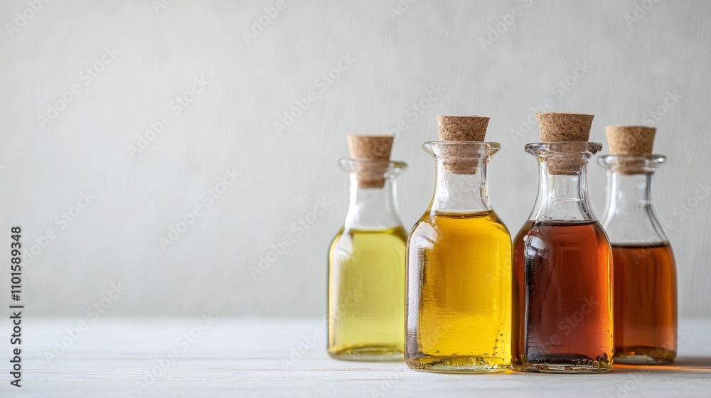 Bottles of golden oils arranged on a minimalist background Bottles of golden oils arranged on a minimalist background