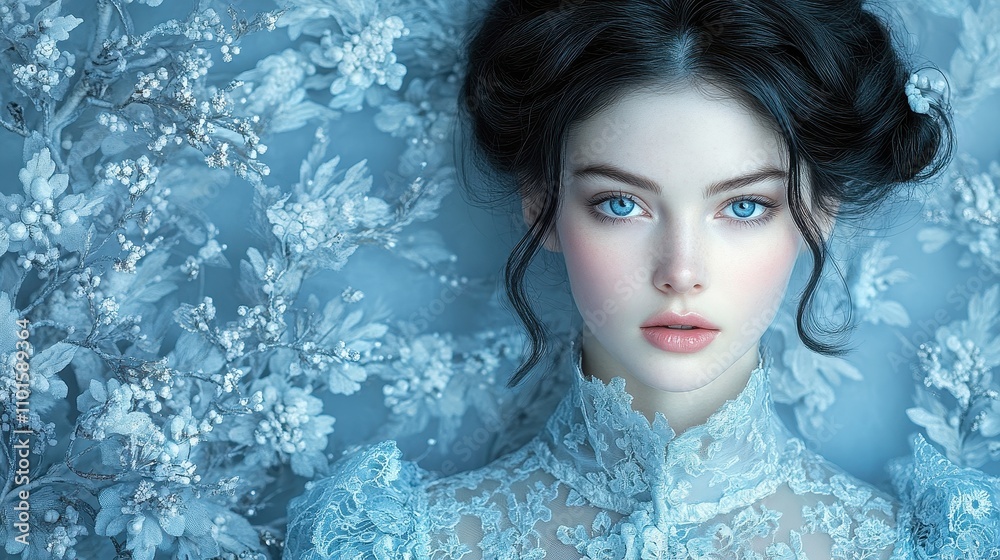 Ethereal Beauty of a Young Woman Resting Against a Blue Floral Background with Intricate Lace Details Capturing a Dreamy and Serene Atmosphere Ethereal Beauty of a Young Woman Resting Against a Blue Floral Background with Intricate Lace Details Capturing a Dreamy and Serene Atmosphere