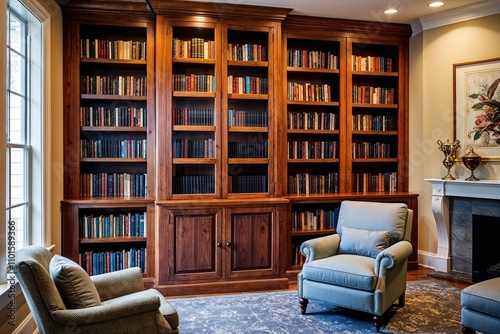 Cozy Home Library Lounge Featuring Classic Wood Bookcase and Comfortable Armchair