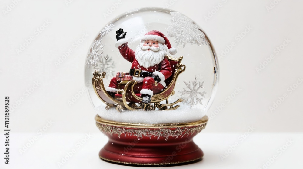 Festive snow globe with Santa waving next to his sleigh, surrounded by swirling snowflakes, on a clean white background Festive snow globe with Santa waving next to his sleigh, surrounded by swirling snowflakes, on a clean white background