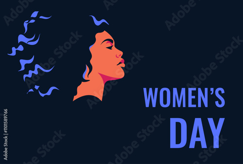 Womens day poster with young african american woman and greeting text. Girl power and feminism concept for Empowerment females rights. Vector illustration