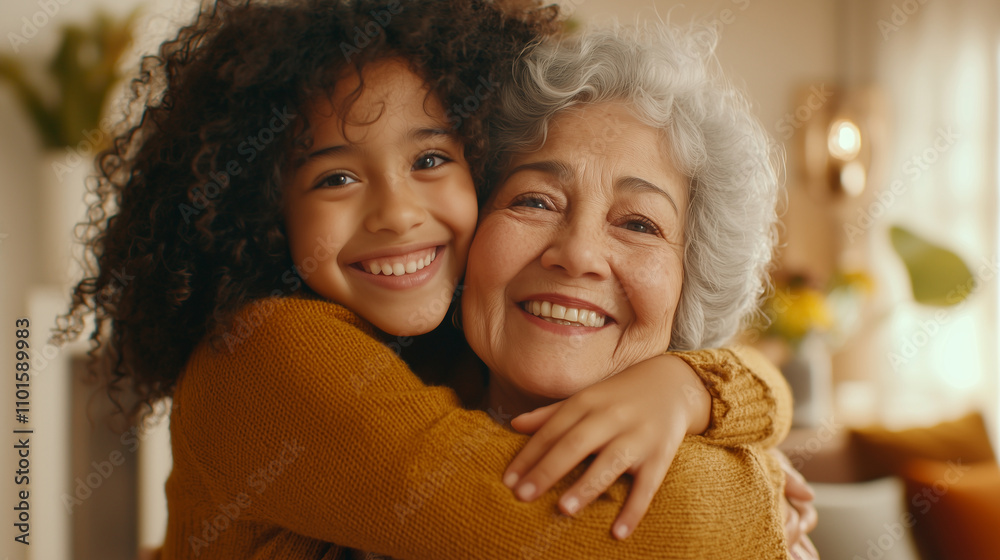 Fototapeta premium Family Portrait of Joyful Mother and Daughter in Warm Living Room