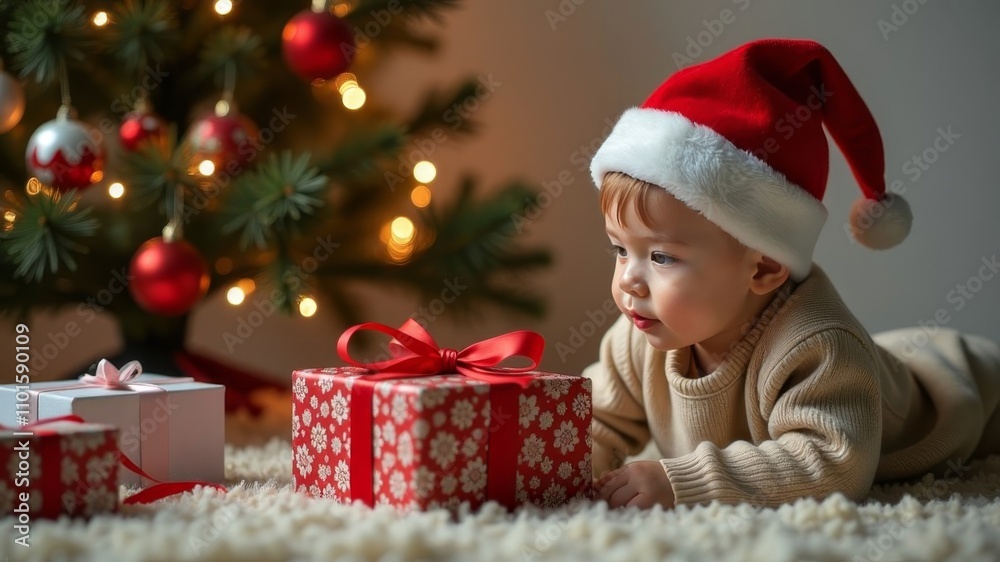 A child in a New Year's hat looks at a gift lying under the Christmas tree A child in a New Year's hat looks at a gift lying under the Christmas tree