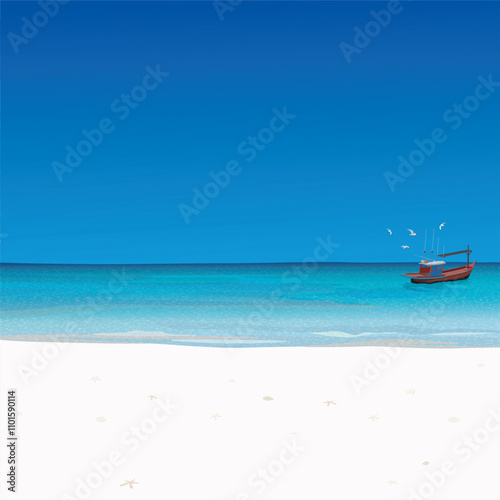 White sand beach and tropical blue sea with fishing boat followed by seagulls have blue sky square background graphic illustration. Traveling in summer concept have blank space.