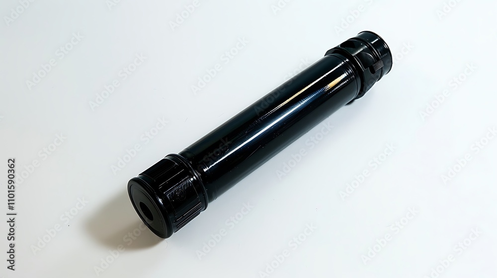 A police-issue pepper spray canister lying flat on a white background. A police-issue pepper spray canister lying flat on a white background.