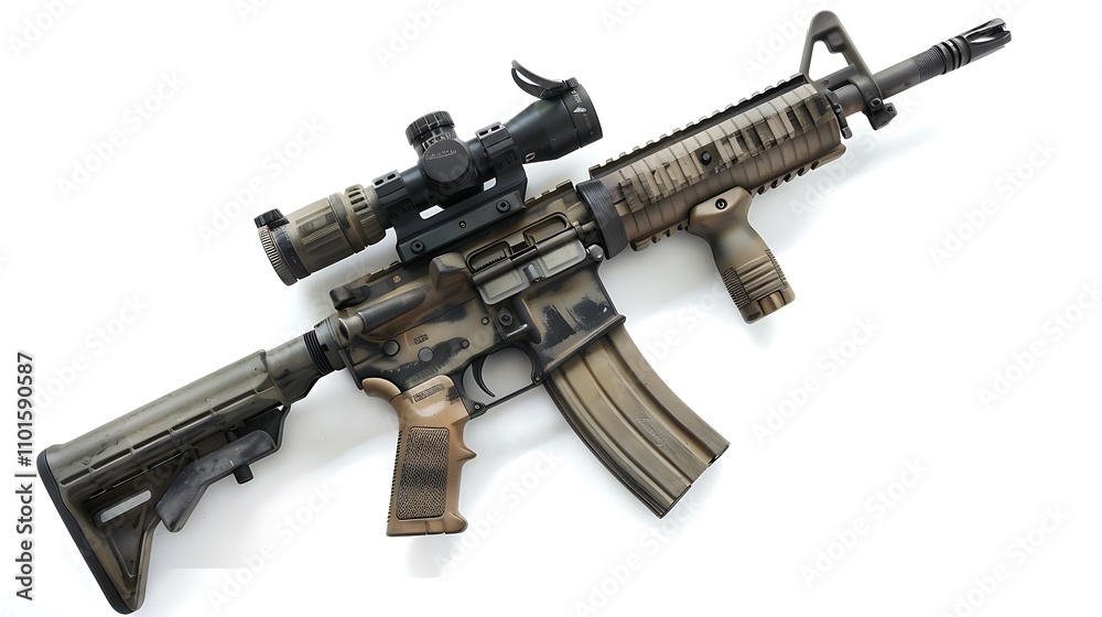 An Army rifle with a vertical foregrip and laser sight, isolated on a white background. An Army rifle with a vertical foregrip and laser sight, isolated on a white background.