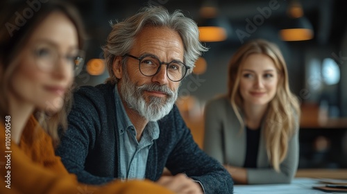 Professional Team Meeting in a Modern Office Setting Featuring a Distinguished Man with Gray Hair and Two Smiling Women Engaged in Discussion and Collaboration