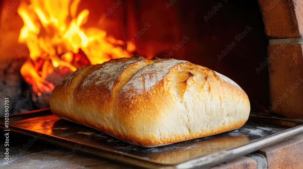 Freshly baked loaf of bread resting on a tray in front of a glowing brick oven with visible flames, showcasing its golden crust and warm interior. Freshly baked loaf of bread resting on a tray in front of a glowing brick oven with visible flames, showcasing its golden crust and warm interior.