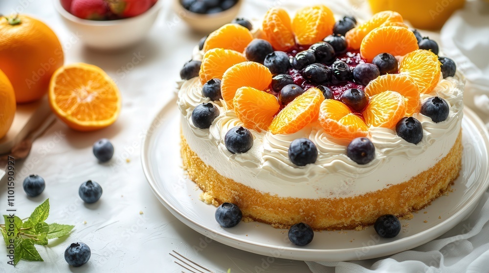 delicious orange and blueberry cake placed elegantly on a beautiful tray, surrounded by soft natural light and decorated with fresh fruit on top, delicious orange and blueberry cake placed elegantly on a beautiful tray, surrounded by soft natural light and decorated with fresh fruit on top,