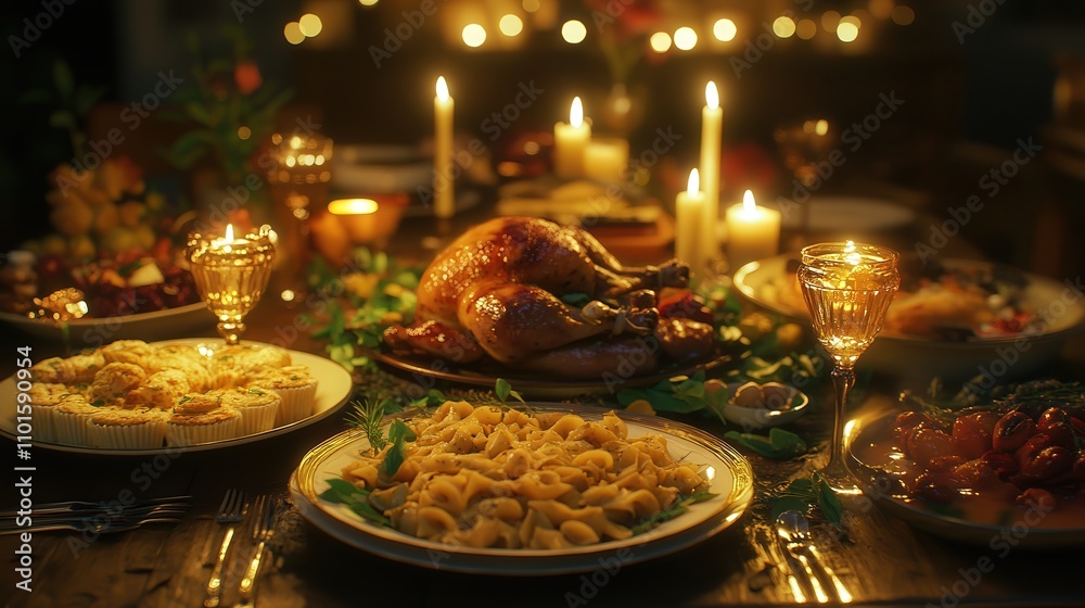 dinner table adorned with various foods such as pasta, roasted chicken, and desserts, all surrounded dinner table adorned with various foods such as pasta, roasted chicken, and desserts, all surrounded