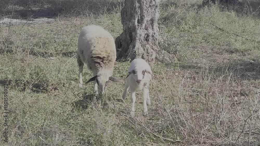 Sheep and lamb graze peacefully under olive trees in a serene rural setting Sheep and lamb graze peacefully under olive trees in a serene rural setting