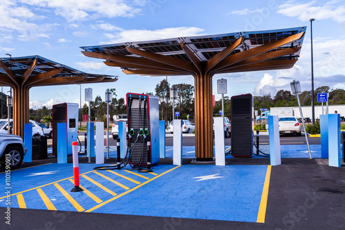 Environmentally friendly electric vehicle charging stations powered by solar power photo