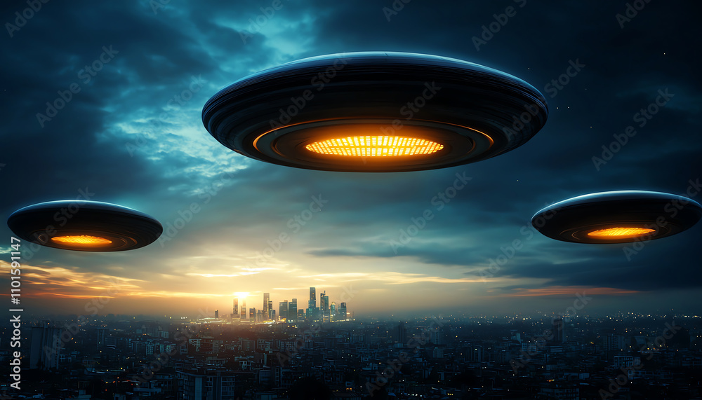Renewable Energy Market Trends. Mysterious UFOs hover over futuristic city skyline at sunset, creating intriguing atmosphere. glowing lights and dark clouds enhance sense of wonder and curiosity Renewable Energy Market Trends. Mysterious UFOs hover over futuristic city skyline at sunset, creating intriguing atmosphere. glowing lights and dark clouds enhance sense of wonder and curiosity