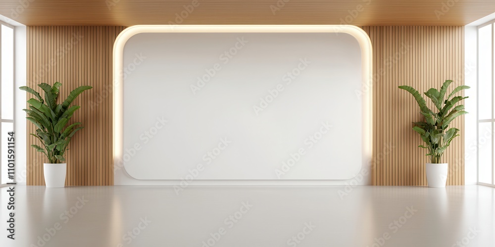 A modern, minimalistic interior featuring a large blank wall, wooden accents, and potted plants, creating a bright and inviting atmosphere.