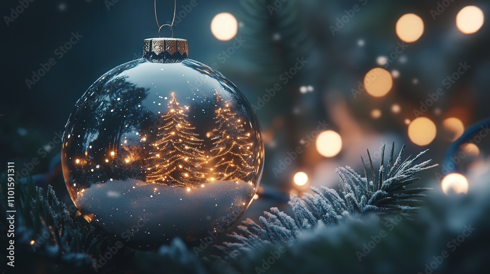 A 4K picture of a glass bauble with a decorated pine tree, glowing with soft, twinkling lights and surrounded A 4K picture of a glass bauble with a decorated pine tree, glowing with soft, twinkling lights and surrounded