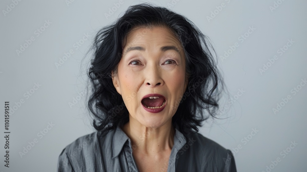 The image depicts an older woman with a shocked expression. The image depicts an older woman with a shocked expression.