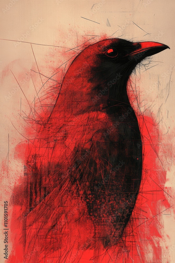 abstract bird with lines in bordeaux red color
