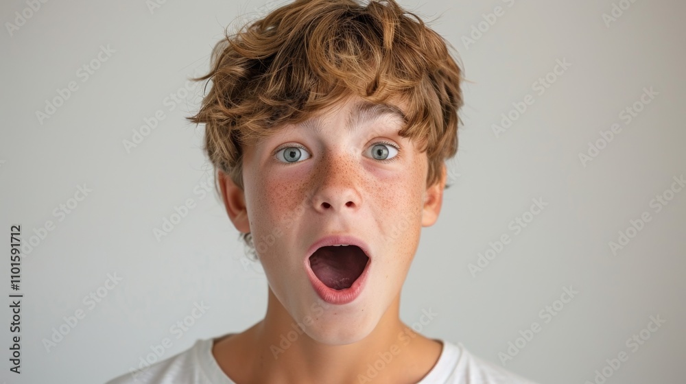 A young boy with a shocked expression wide eyes and open mouth. A young boy with a shocked expression wide eyes and open mouth.