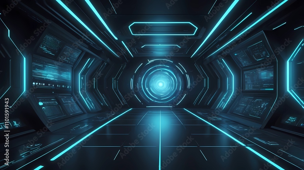 3D Futuristic abstract background. Motion graphic for abstract data center, server, internet, speed. Futuristic HUD tunnel. Display screens for tech titles and background