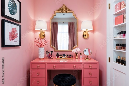 Stylish Elegant Coral Pink Dressing Table with Gold Accents for Stunning Bedroom Cosmetic Display Area photo