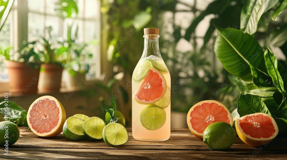 Bottle filled with grapefruit and lime slices on a wooden table surrounded by fresh fruits, ideal for design and print mockup purposes.