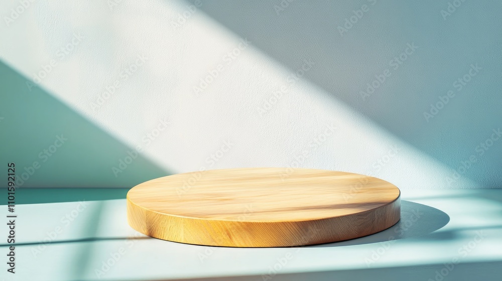 Circular wooden tabletop with a smooth finish, illuminated by soft shadows, set against a bright minimal background ideal for product displays. Circular wooden tabletop with a smooth finish, illuminated by soft shadows, set against a bright minimal background ideal for product displays.