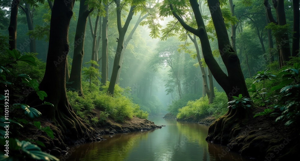 Obraz premium Amazon Rainforest shot from the south with Nikon D850 and Nikon AF-S 14-24mm f/2.8G ED lens, natural light, National Geographic style, capturing the lush, vibrant green canopy.