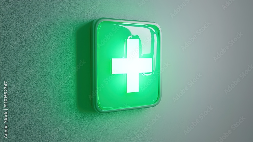 A glowing green first aid sign against a textured wall, symbolizing health and emergency assistance.