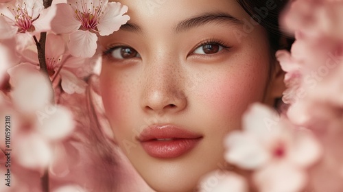 A portrait of an Asian woman with flawless, luminous skin, her face framed by cherry blossoms, her calm expression capturing the essence of beauty in nature photo