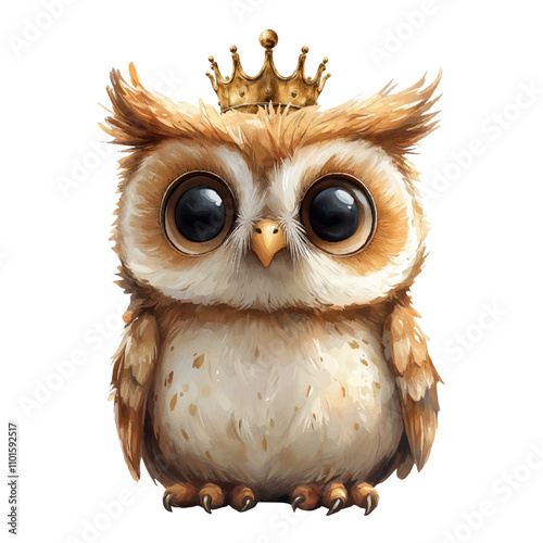 Cute baby owl wearing a golden crown, showcasing a whimsical and regal design, perfect for children’s illustrations, nursery decor, and whimsical animal art photo