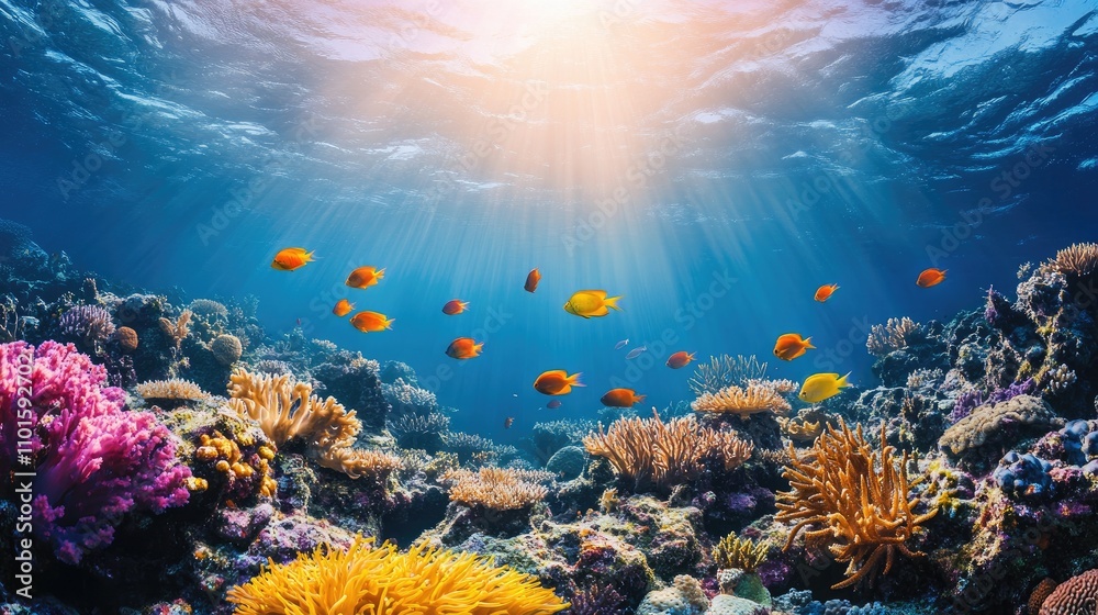 Fototapeta premium Vibrant underwater landscape featuring colorful coral reefs and schools of fish illuminated by sunlight, perfect for nature-themed covers and backgrounds.