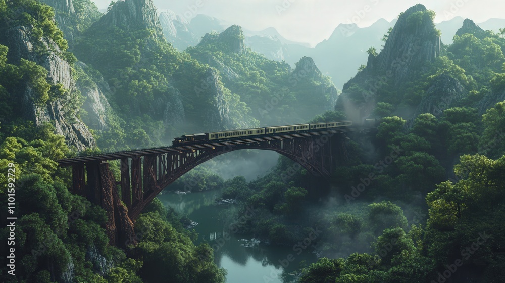 Fototapeta premium train on a bridge crossing a river, the surrounding mountainside covered with dense green foliage, the train making its way through the natural beauty