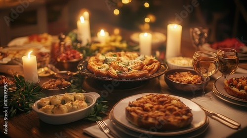 well-set table, featuring various mouthwatering dishes, with soft candlelight flickering on the table,