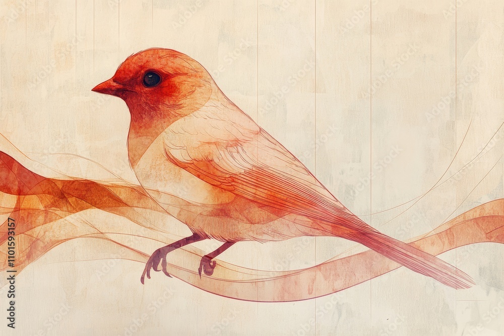 abstract bird with lines in bordeaux red color