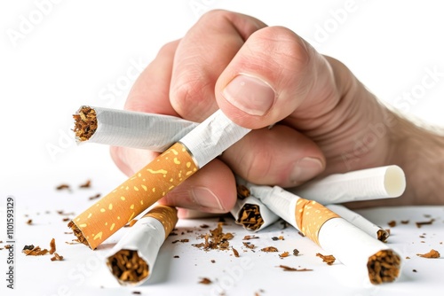 Close-up of a hand crushing cigarettes, symbolizing the struggle against smoking addiction, tobacco harm, and the desire for a healthier lifestyle change.