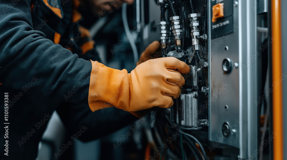 Close-up of technician with orange gloves repairing electrical equipment in an industrial setting. Focus on hands and circuitry. Close-up of technician with orange gloves repairing electrical equipment in an industrial setting. Focus on hands and circuitry.