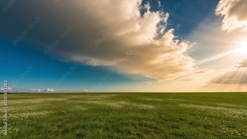 Expansive green field with dramatic sky and sunbeams breaking Expansive green field with dramatic sky and sunbeams breaking