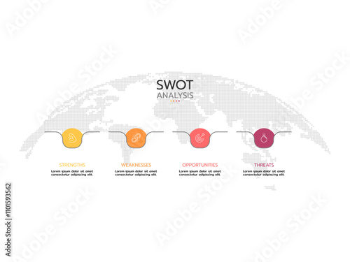 SWOT analysis diagram with four topic and icons, flat business infographic template.